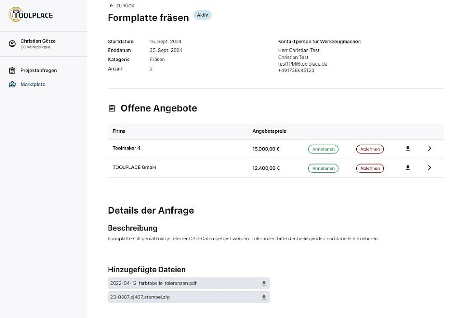 Übersicht der einzelnen Projektanfrage mit zwei eingegangenen Angeboten. (Abb.: Toolplace)