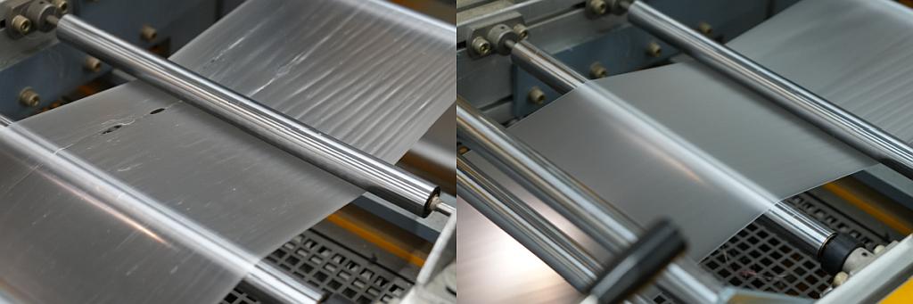Folien aus Rezyklat: links ohne und rechts mit Compatibilizer. (Foto: Gabriel-Chemie)