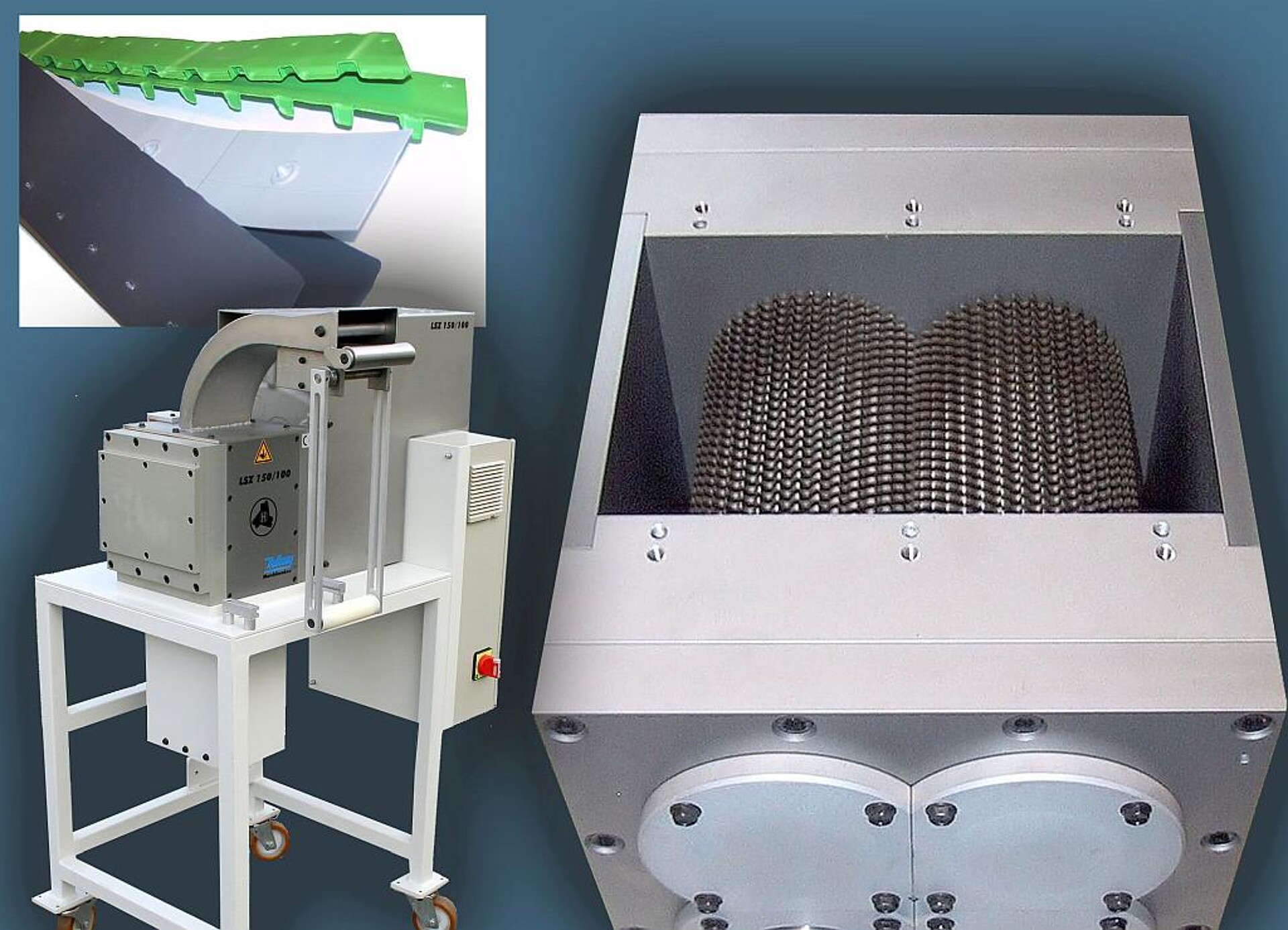 Vier paarweise übereinander angeordnete Zahnwalzen aus gehärtetem Werkzeugstahl ziehen auch stark profilierte Randstreifen sicher ein und zerkleinern sie in einem Schritt. (Foto: Hellweg Maschinenbau)