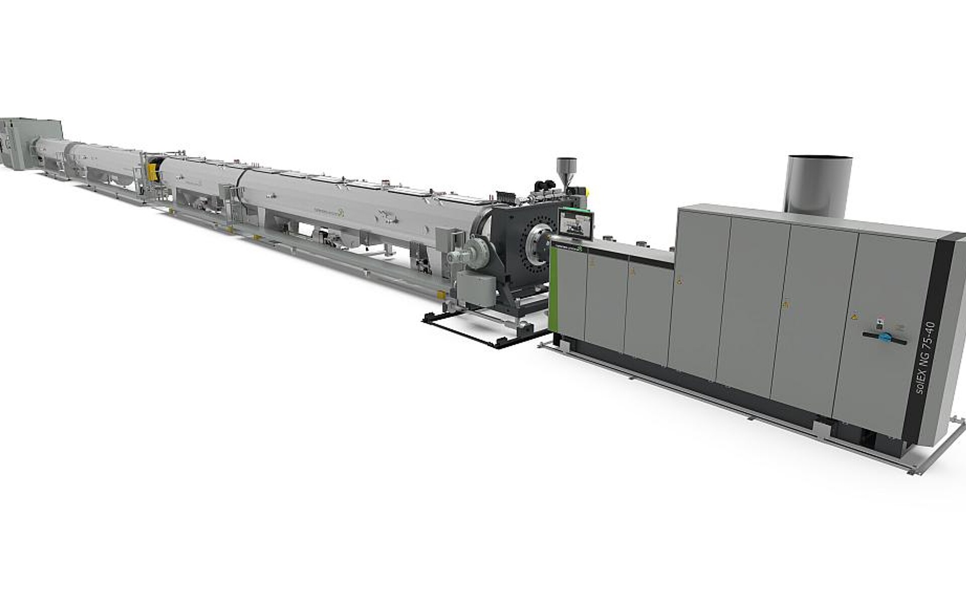 Komplettanlage zur Herstellung von PO-Rohren mit dem Extruder solEX, dem Werkzeug helix II und der Nachfolge vacStream, coolStream, pullStream und cutStream. (Abb.: battenfeld-cincinnati)