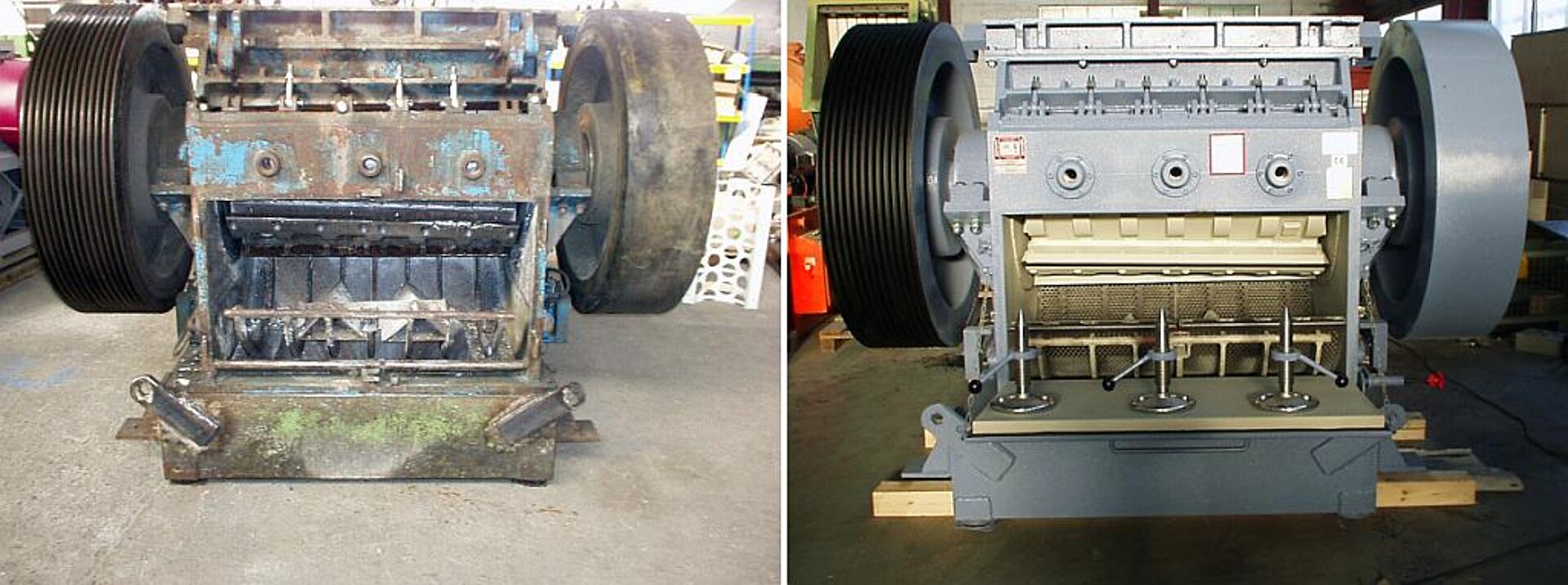 Eine Schneidmühle SMS 80/120 vor (l.) und nach (r.) der Aufarbeitung. (Foto: Herbold Meckesheim)