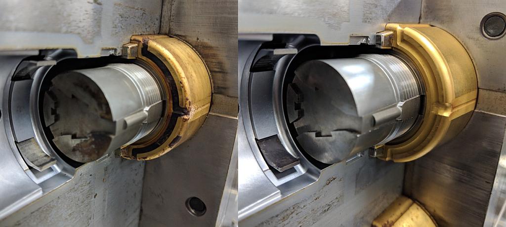 Ein Werkzeugelement von (l.) und nach (r.) dem Trockeneisstrahlen. (Fotos: Cold Jet)