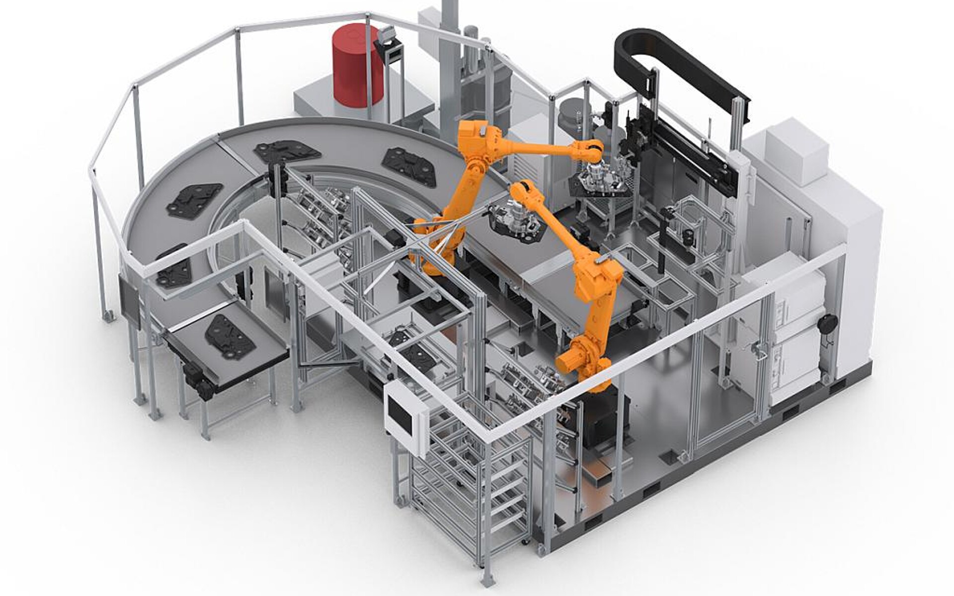 Anlagenkonfiguration mit Sonderhoff Misch- und Dosiermaschine DM 502 mit zwei 6-Achsrobotern für das Teile-Handling, einer Plasmastation und einem Förderband für das Austakten. (Abb.: Henkel)