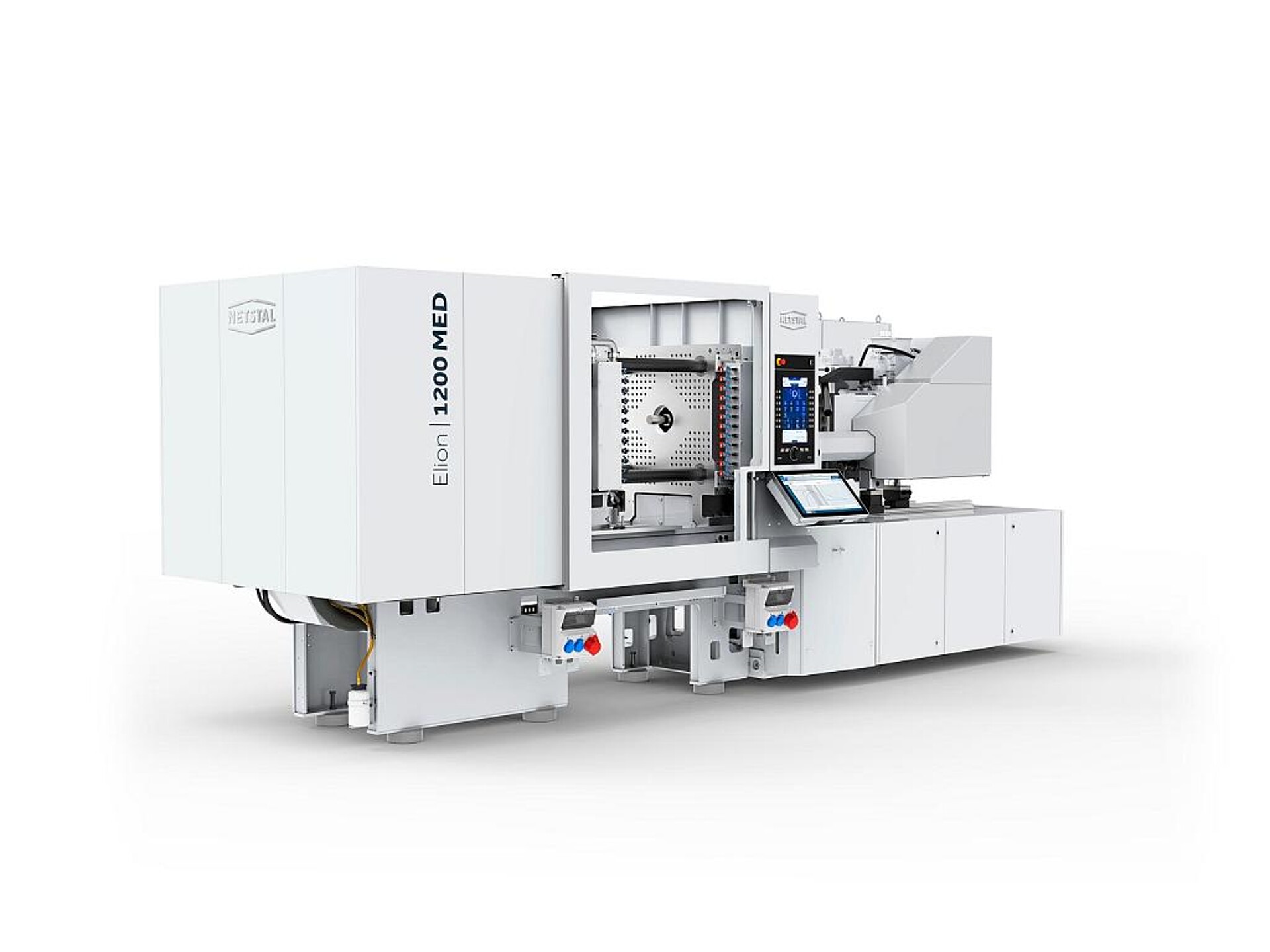 Weltpremiere auf der K 2025: Die Elion MED von Netstal mit u.a. Doppel-Pleuel-Kniehebel und neuartigem Direktantrieb für die Aggregatbewegung und die Aufbringung der Düsen-Anpresskraft. (Foto: Netstal)