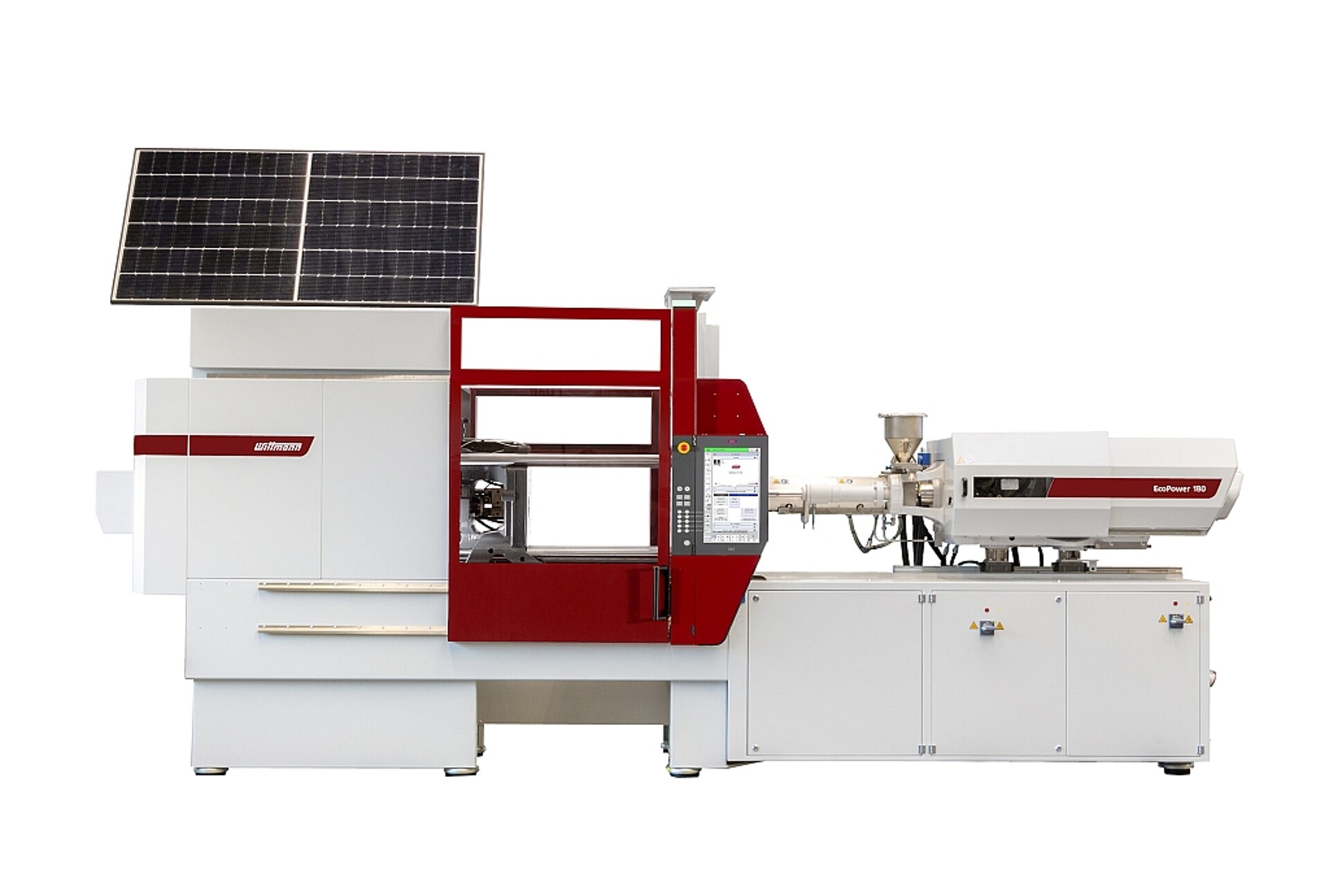Die über einen Solarstromspeicher versorgte elektrische Maschine EcoPower 180/750+ DC Insider schäumt Post-Consumer-Rezyklat (PCR) im ‚The Power of Plastics Forum‘ des VDMA. (Foto: Wittmann Battenfeld)