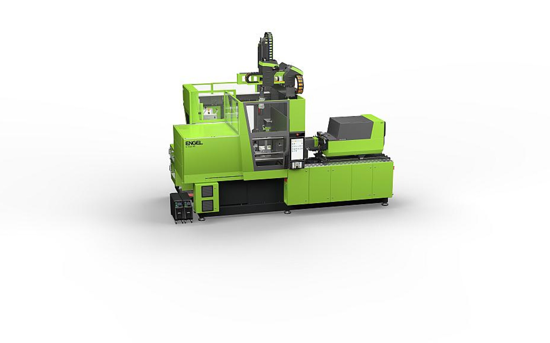 Qualitätsregelung mit weniger Material- und Energieverbrauch: Die kompakte autonome Spritzgießzelle von Engel mit einer vollelektrischen e-mac 80 Spritzgießmaschine, compact cell Automatisierung und Inline-Qualitätserfassung im Zentrum. (Foto: Engel)
