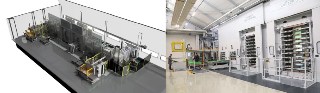 Der 3D-Entwurf einer Automation (l.) für die Produktion von Fußbodenbelägen und seine Realisierung (r.). (Fotos: Wickert)