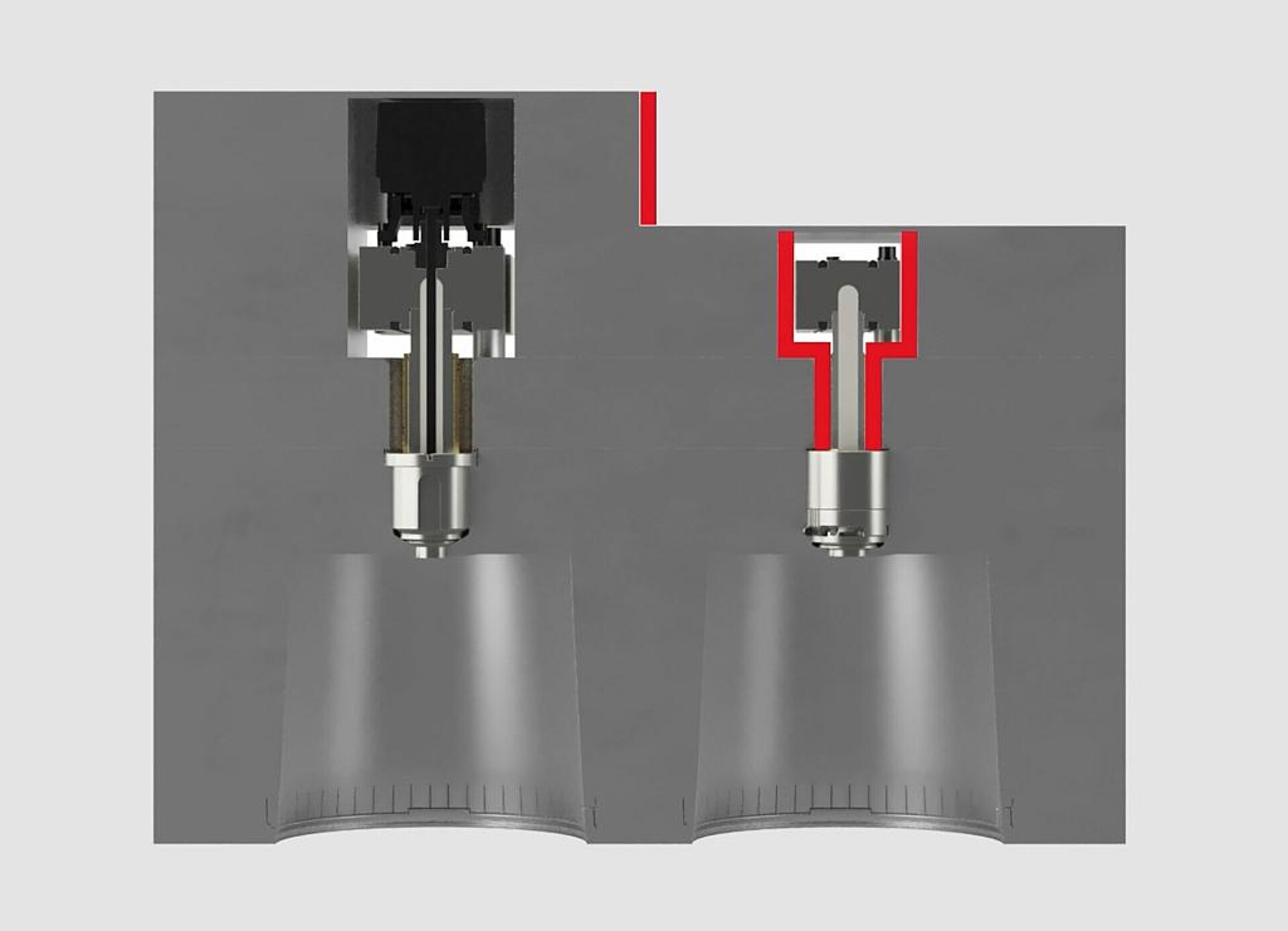 Links ein Standard-Nadelverschluss, rechts die Heißkanaltechnologie Stargate HRS, die weniger Einbauraum benötigt. (Abb.: Oerlikon HRSflow)