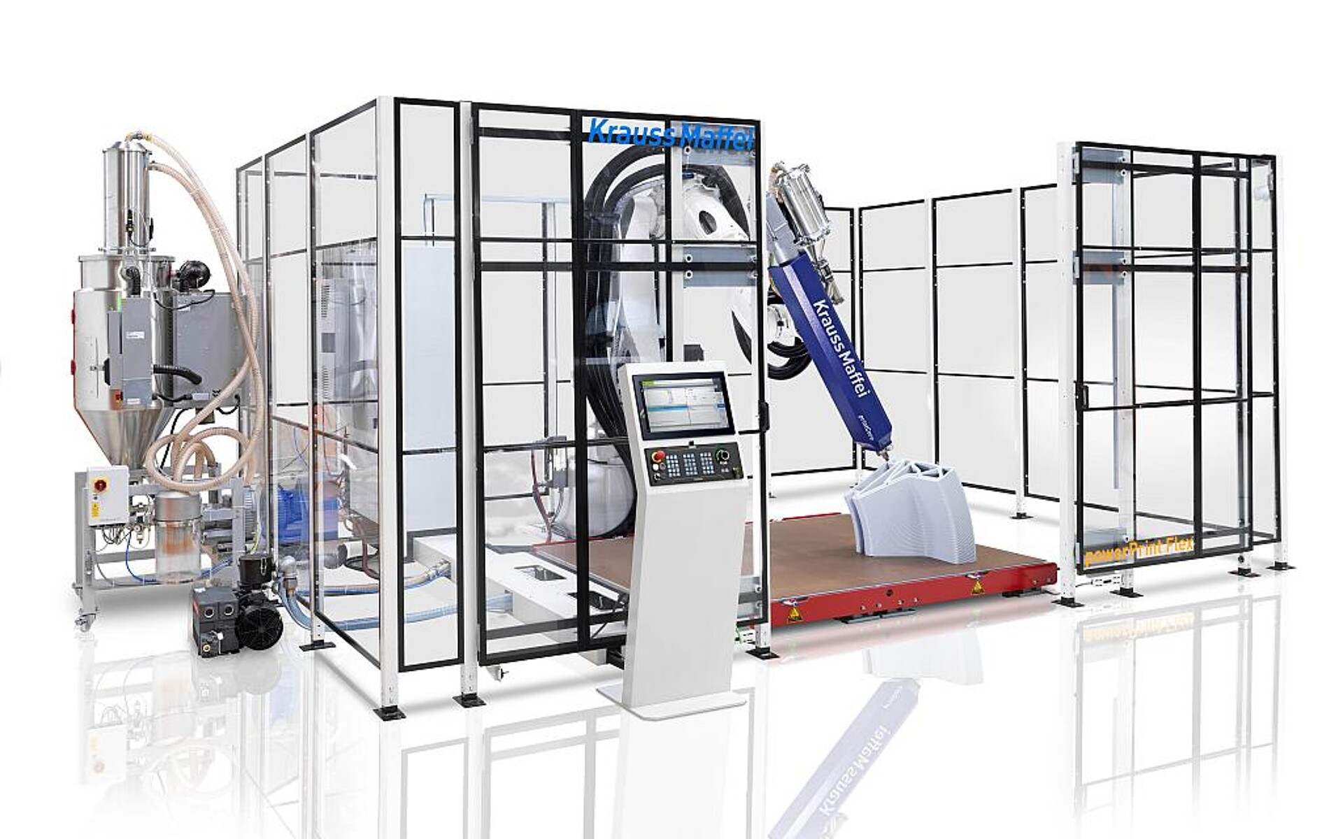 Die robotergestützten Fertigungszellen powerPrint Flex machen die industrielle additive Fertigung flexibler. (Foto: KraussMaffei)